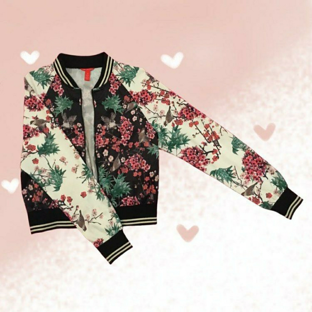 Chelsea and Violet Floral, Bird Print Bomber Jacke